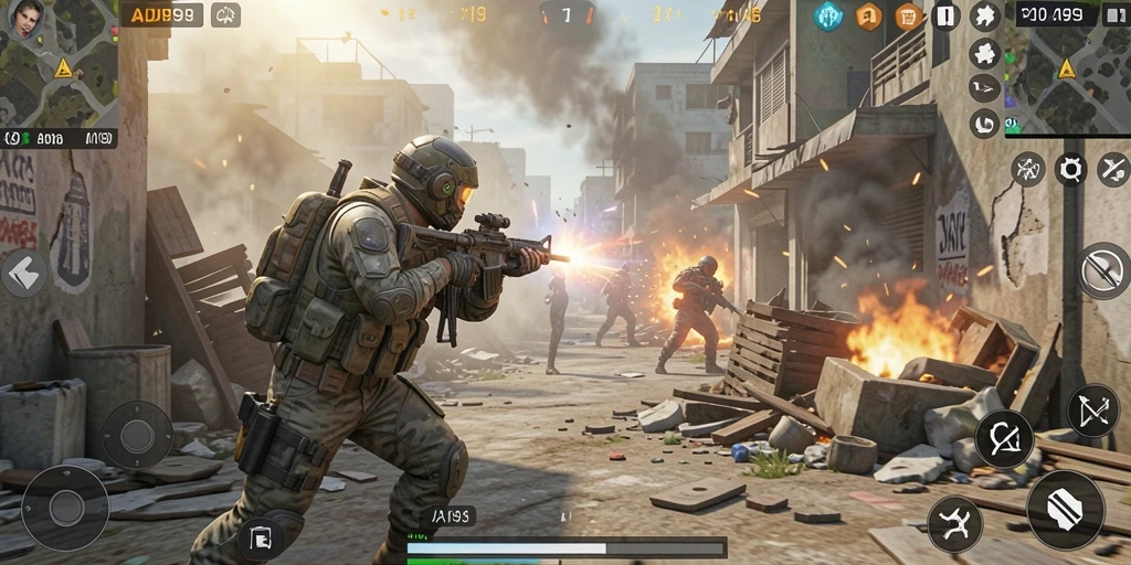 Screenshot utama ADI99 menampilkan aksi gameplay FPS yang mendebarkan.