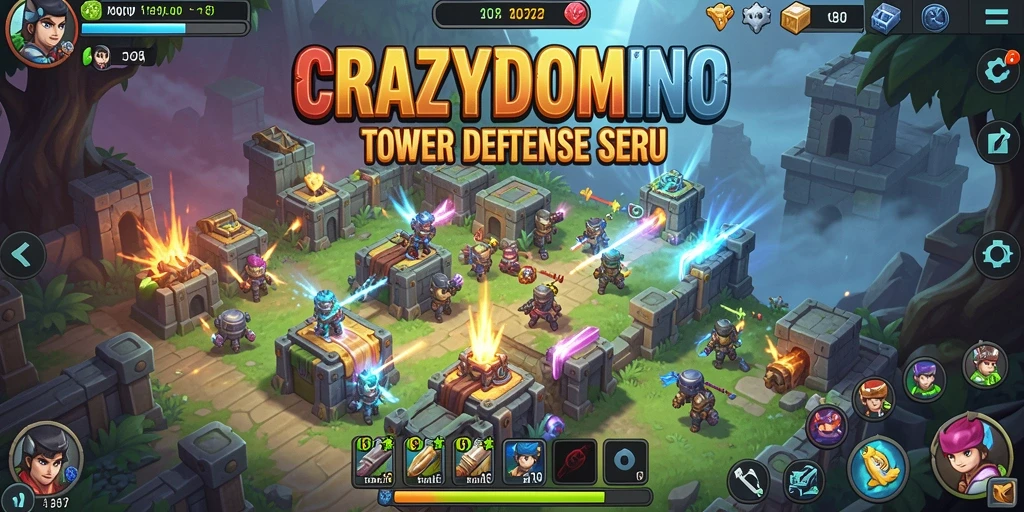 Screenshot dari gameplay <strong>CRAZYDOMINO</strong> yang menampilkan pertahanan tower yang strategis.
