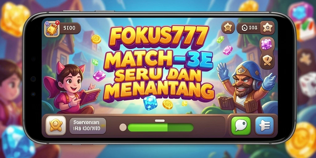 Screenshot FOKUS777 menampilkan gameplay seru Match-3 yang penuh warna.