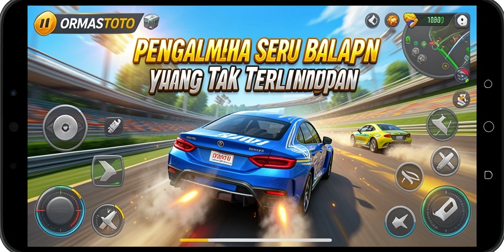 Screenshot gameplay ORMASTOTO menampilkan aksi balapan yang mendebarkan.